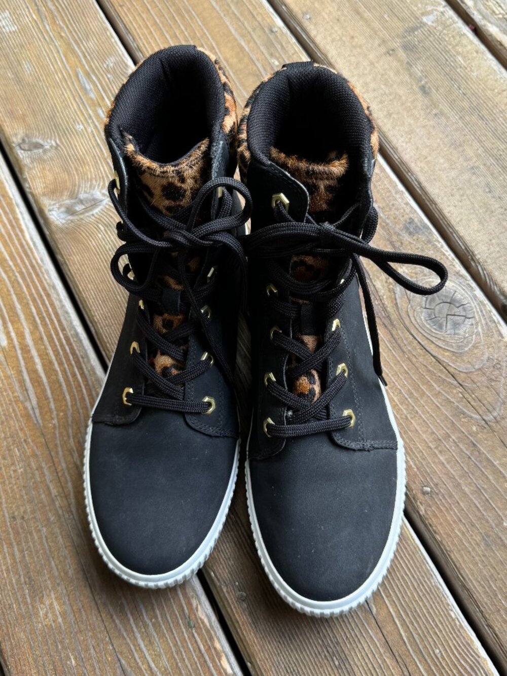 Timberland Skyla Bay 6 Inch Boot Black Leather Cheetah Calfskin Women's Size 10